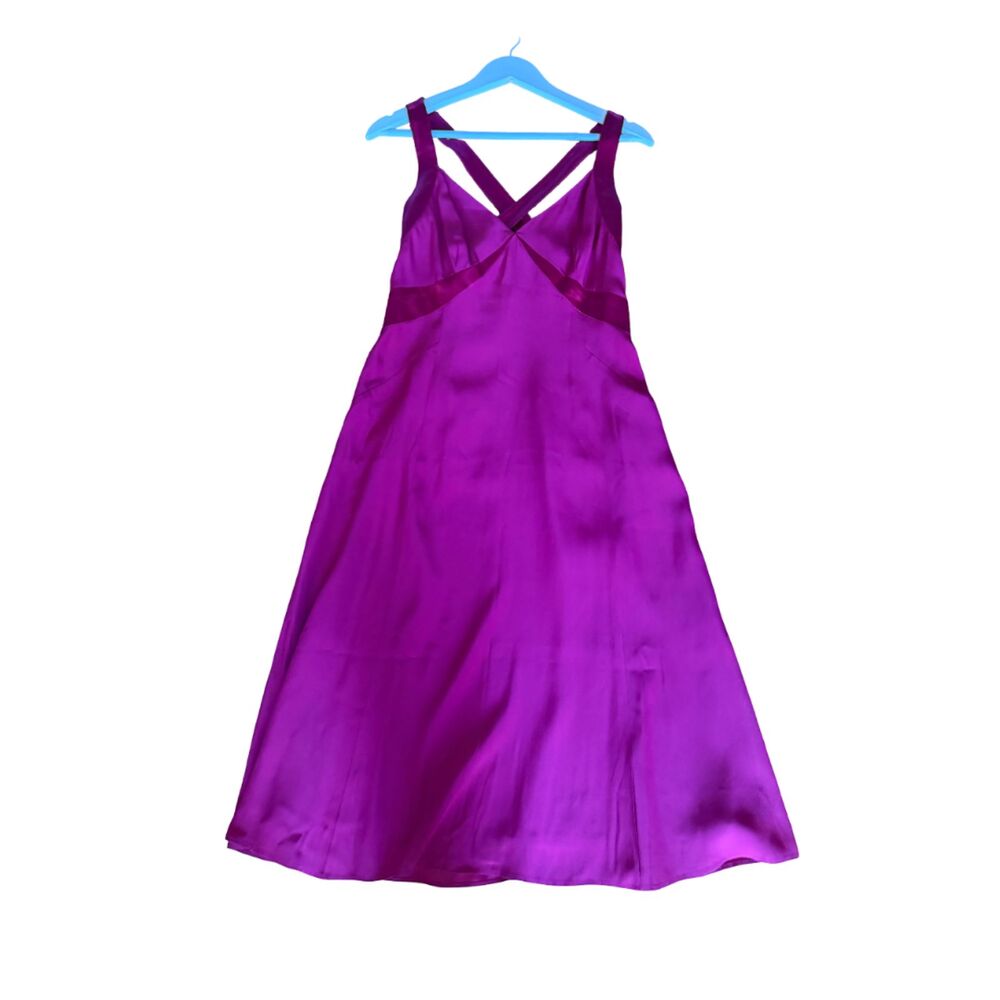 Vintage Ann Taylor 100% Silk Magenta V-Neck Crossback Fit Flare Midi Dress 8